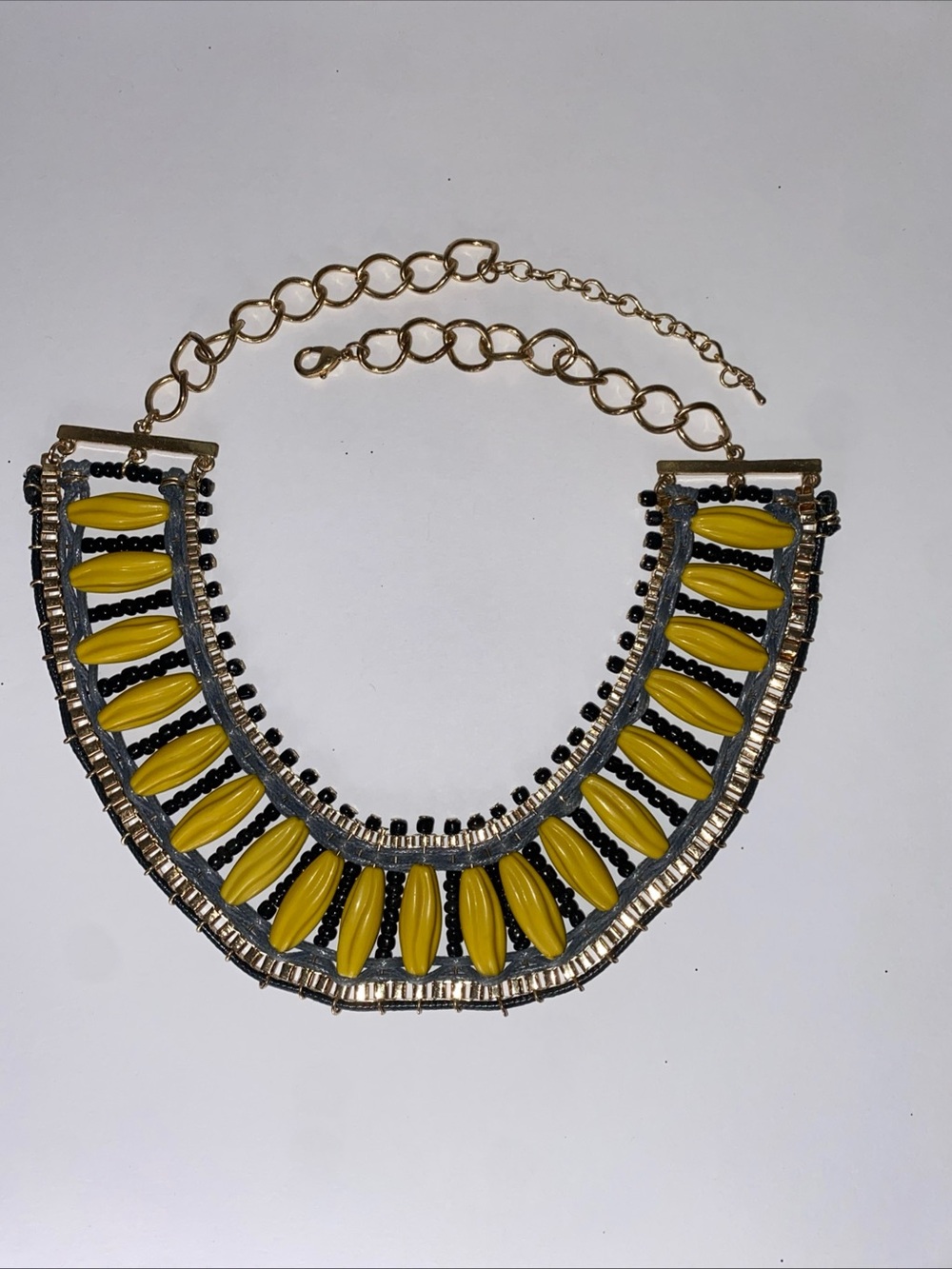Vintage Egyptian Necklace Cleopatra Beaded Collar Yellow Black Bib Choker